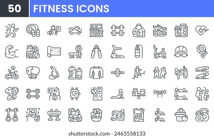 Fitness and gym vector line icon set. Contain linear outline icons like sport, wellness, exercise, workout, dumbell, health, muscle, barbell, lifestyle, pulse, nutrition. Editable use and stroke.