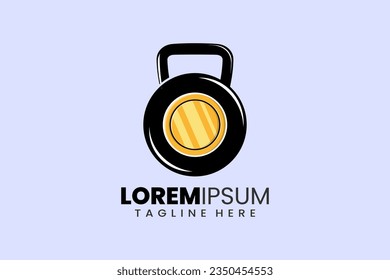 Fitness gym vector logo label icon emblem with gold coin kettlebell shape workout bodybuilding