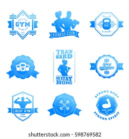 Fitness, gym vector logos, emblems, badges with barbells, dumbbells, athletes and bodybuilders, blue over white