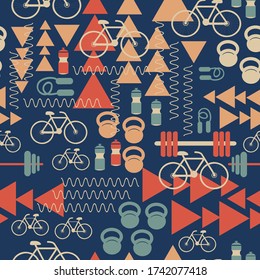 Fitness, gym vector seamless repeat pattern perfect for fitness print and packaging, fitness related clothing line, gym wall paper, branding products, backgrounds’ for fitness products