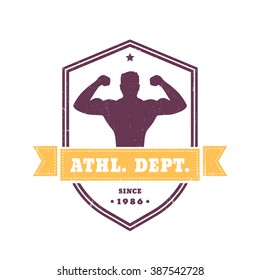 Fitness, gym vintage logo, emblem, badge with posing athlete on shield, isolated on white, vector illustration