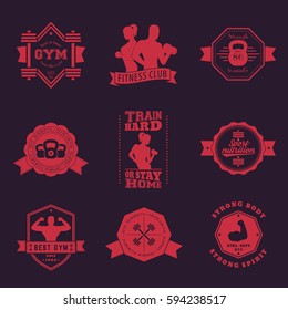 Fitness, gym vintage logos, emblems, vector badges with barbells, kettlebell, biceps, athletes, bodybuilders