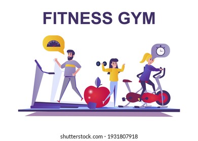 Fitness gym web concept in flat style. People doing activities at exercise machines, running on treadmill, healthy lifestyle scene. Vector illustration of cartoon characters for website design