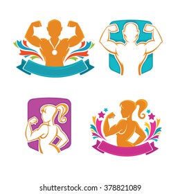 fitness, gym and work out for man and woman, bright logo template collection