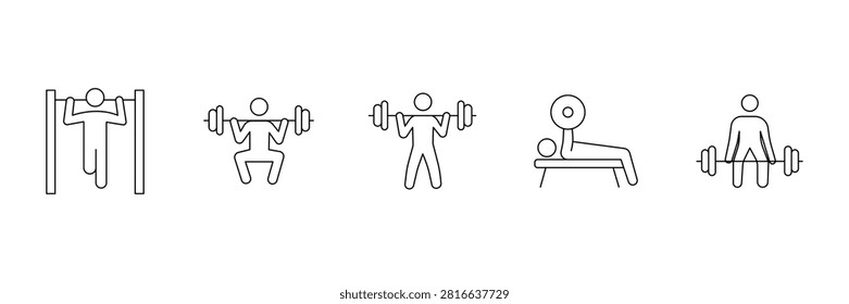 Fitness gym workout bodybuilder exercise strength training weightlifting person stick figure icon line vector illustration.