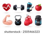 Fitness and Gym Workout icon collection in 3d style. Sports and healthy lifestyle objects - Kettlebell, dumbbell, biceps, boxing gloves, apple, etc. Vector illustration.