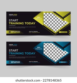 Fitness gym yoga sports workout social media Facebook cover photo and web banner for digital marketing company template vector design