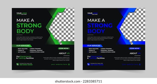 Fitness gym yoga sports workout square social media post and web banner for digital marketing company template vector design
