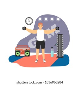 Fitness gym. Young man bodybuilder doing hand weight exercises with dumbbells, flat vector illustration. Arm workout for biceps and triceps, bodybuilding. Sport and healthy lifestyle.
