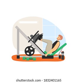 Fitness gym. Young man doing leg exercises, flat vector illustration. Leg press machine workout. Fitness equipment. Sport and healthy lifestyle.