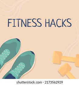 Fitness hacks card template. Physical activity. Exercising recommendations. Editable social media post design. Flat vector color illustration for poster, web banner, ecard. Neucha font used