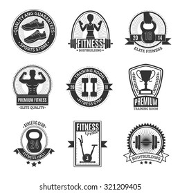 Fitness Hall Athletic Club Elite Gym Training Room And Sports Store Black And White Badges Set Isolated Vector Illustration