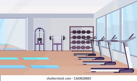 fitness hall studio workout equipment healthy lifestyle concept empty no people gym interior with mats training apparatus dumbbells mirror and windows horizontal