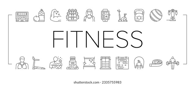 Fitness Health Athlete Training Icons Set Vector. Sportsman Equipment For Make Muscle Exercise And Fitness Bracelet Gadget, Barbell Rack And Dumbbell Tool Black Contour Illustrations