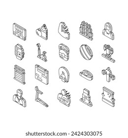 Fitness Health Athlete Training isometric icons set. Sportsman Equipment For Make Muscle Exercise And Fitness Bracelet Gadget, Barbell Rack And Dumbbell Tool Line. Color .