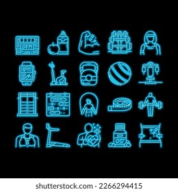 Fitness Health Athlete Training neon light sign vector. Sportsman Equipment For Make Muscle Exercise And Fitness Bracelet Gadget, Barbell Rack And Dumbbell Tool Illustrations