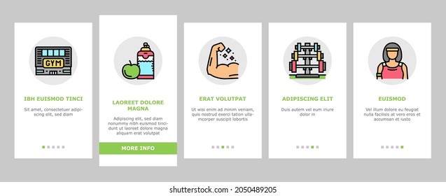 Fitness Health Athlete Training Onboarding Mobile App Page Screen Vector. Sportsman Equipment For Make Muscle Exercise And Fitness Bracelet Gadget, Barbell Rack And Dumbbell Tool Illustrations