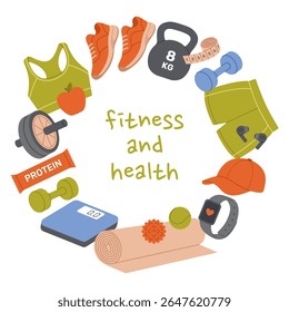 Fitness and health banner with round frame made of sports equipment. Healthy lifestyle elements. Template for postcard, poster, flyer, social media. Vector flat illustration on white background