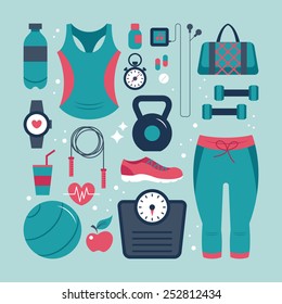 Fitness and health flat icons set