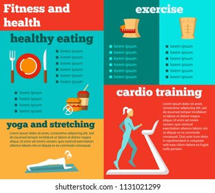 Fitness and health flat infographic contains healthy eating physical exercises yoga and stretching cardio training symbols vector illustration. Place for text
