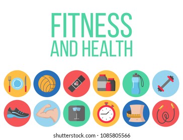 Fitness and health flat poster with icons of healthy lifestyle diet food weight loss daily workouts sport equipment vector illustration. Flat style design. Isolated on background