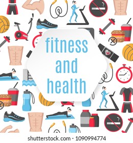 Fitness and health frame with flat icons of healthy lifestyle diet food physical training vector illustration. Concept frame for design print media website