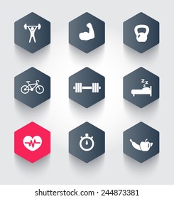fitness, health, gym trendy hexagonal icons vector illustration, eps10, easy to edit