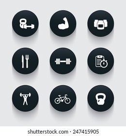 fitness, health, gym trendy icons on circles with shadow dark set vector illustration, eps10, easy to edit