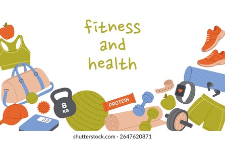 Fitness and health horizontal banner with composition of sports equipment. Healthy lifestyle elements. Template for postcard, poster, flyer, social media. Vector flat illustration on white background