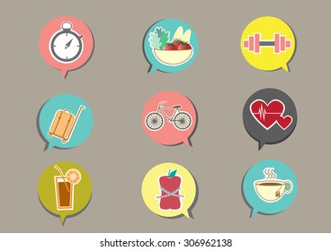 Fitness and Health icons with brown background 