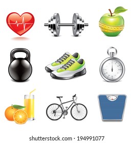 Fitness and health icons high detailed vector set