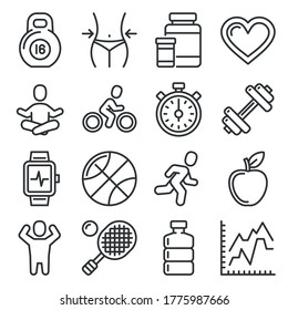 Fitness and Health Icons Set on White Background. Line Style Vector