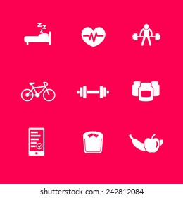 fitness, health icons set on purple vector illustration, eps10, easy to edit