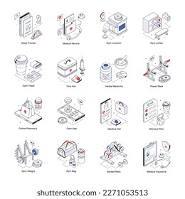 Fitness and Health Isometric Line Icons 

