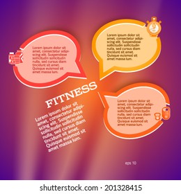 Fitness and Health lifestyle bubbles speak in modern infographic style on glow bright purple background. Vector illustration eps 10 for cover page magazine or web banner 