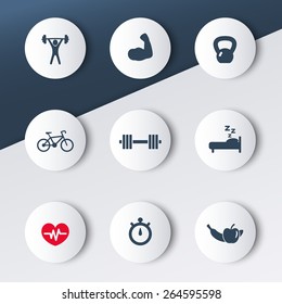 fitness, health, recreation, training, gym trendy round icons with shadow, vector illustration, eps10, easy to edit