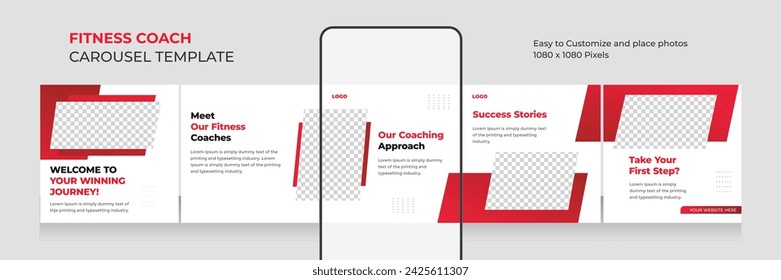 fitness and health social media carousel,carousel template for personal fitness coach, EPS vector illustration.  
