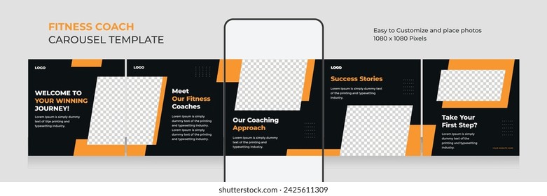 fitness and health social media carousel,carousel template for personal fitness coach, EPS vector illustration.  
