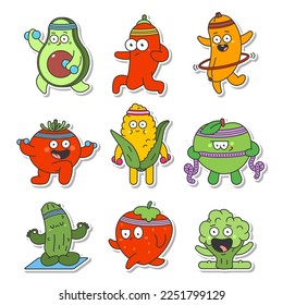 Fitness and health sticker pack with cute fruit and vegetable vector cartoon set isolated on a white background.