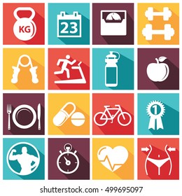 Fitness and Health vectoe icons with long shadow.