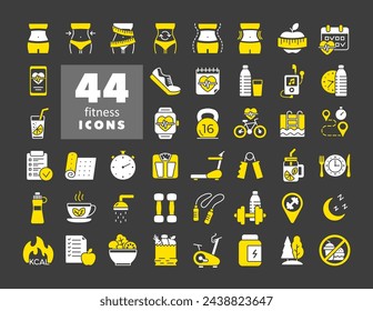 Fitness and health vector solid icon set on dark background. Graph symbol for fitness and weight loss web site and apps design, logo, app, UI