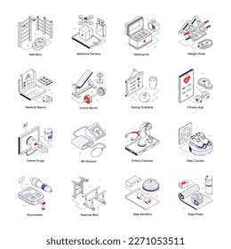 Fitness and Healthcare Isometric Line Icons 

