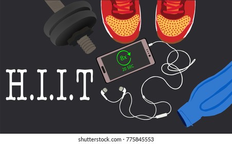 Fitness, healthy and active lifestyles concept. Dumbbells, sport shoes, smart phone with earphone and water bottle on gym floor with word hiit(high intensity interval training) illustration vector