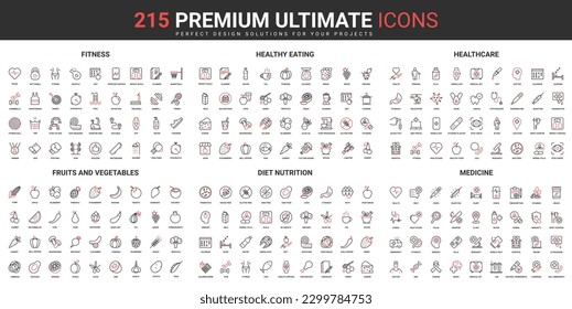 Fitness, healthy eating, medicine thin line red black icons set vector illustration. Abstract symbols of pharmacy, healthcare and diet, vegetable and fruit nutrition simple design for mobile, web apps