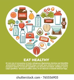 Fitness healthy food heart poster of sport diet food nutrition and dietary supplement icons.