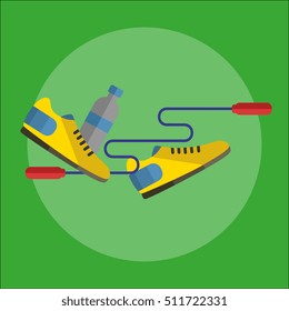 Fitness and healthy lifestyle banner, vector illustration in flat style. Sports shoes, jump rope and plastic water bottle on green background. Workout concept