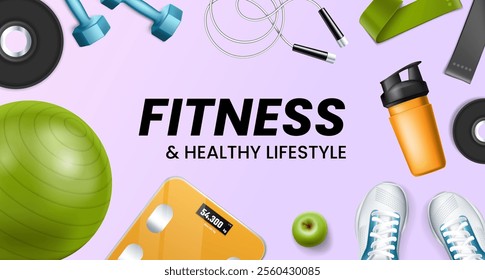 Fitness and healthy lifestyle concept with gym equipment and accessories on a purple background.