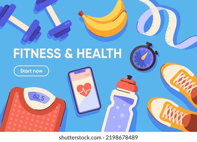 Fitness and healthy lifestyle concept. Landing page or website design with sports equipment, sportswear, healthy food and workout app. Training and physical exercises. Cartoon flat vector illustration