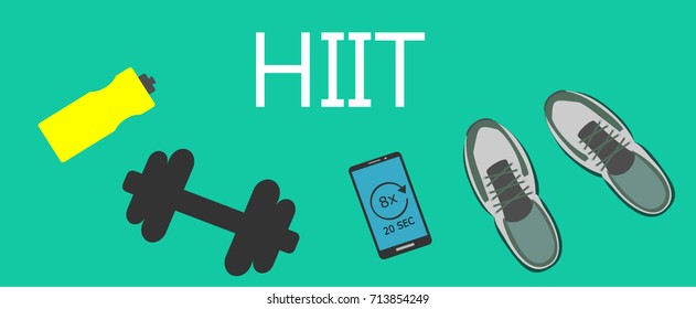 Fitness and healthy lifestyle concept. Sport shoes, smartphone, dumbbell and water bottle with word HIIT