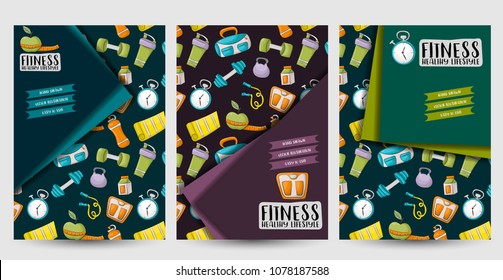 Fitness and healthy lifestyle corporate identity design set. Flyer and brochure template. Vector illustrator.